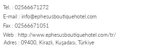 Ephesus Boutique Hotel telefon numaralar, faks, e-mail, posta adresi ve iletiim bilgileri